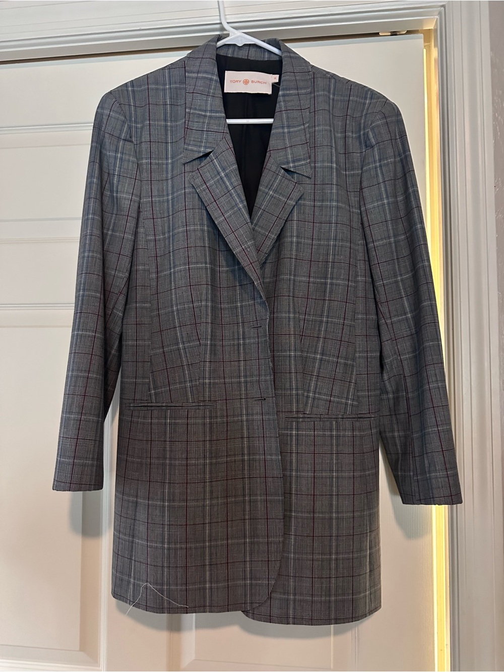 Tory Burch Gray Plaid Single-Breasted Blazer